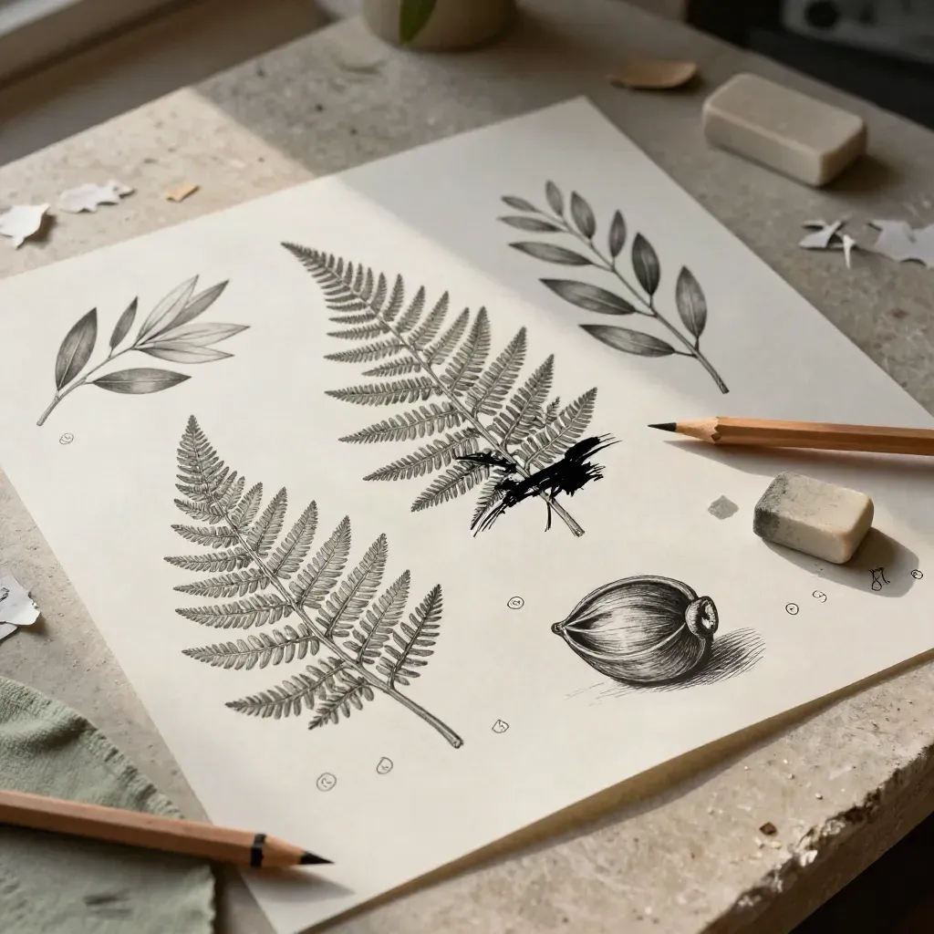 Foglio con studi botanici a china, matite corte, gomme e carta strappata su base chiara.
