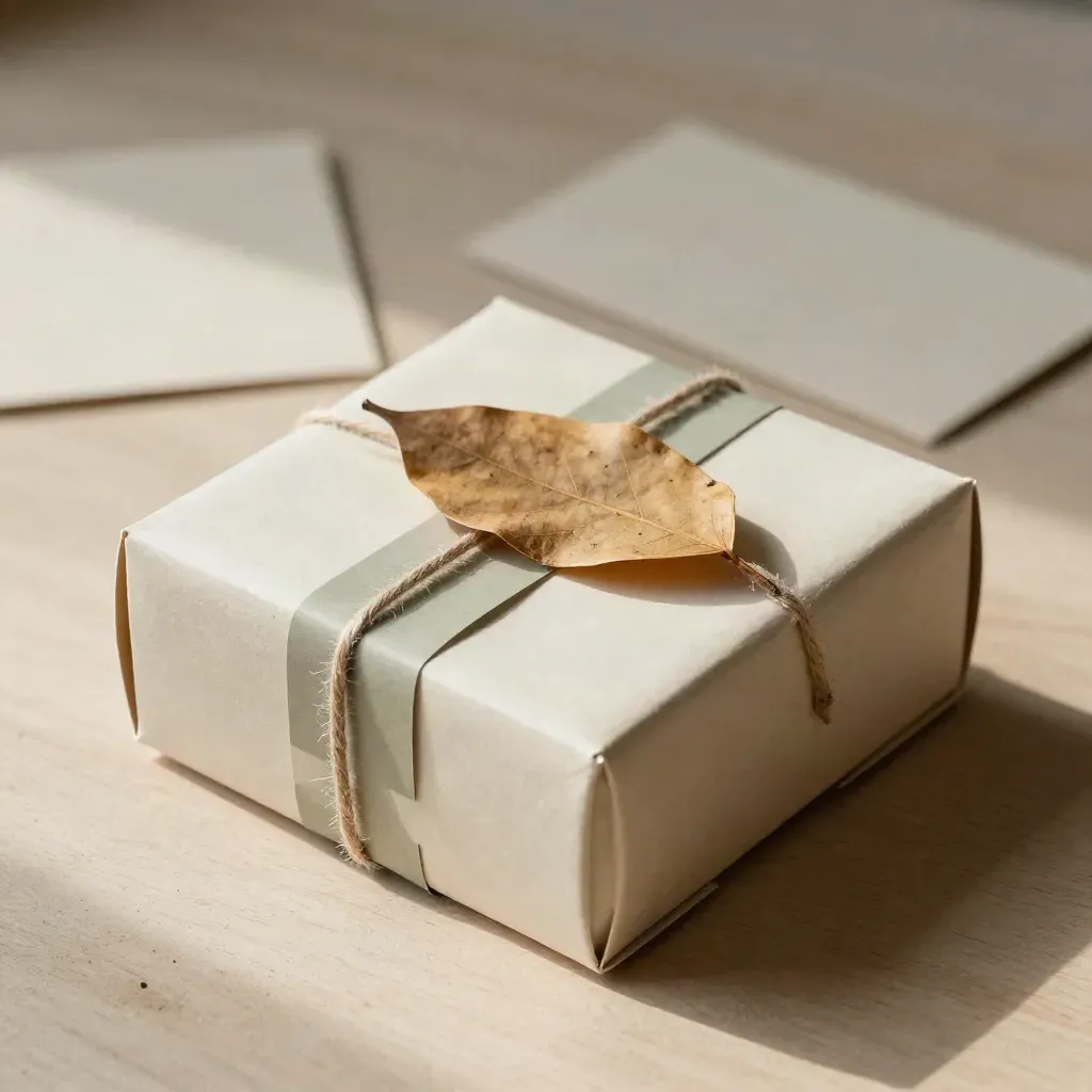 Scatola campione per packaging aperta con nastro carta, cordino naturale e foglia secca su legno chiaro.